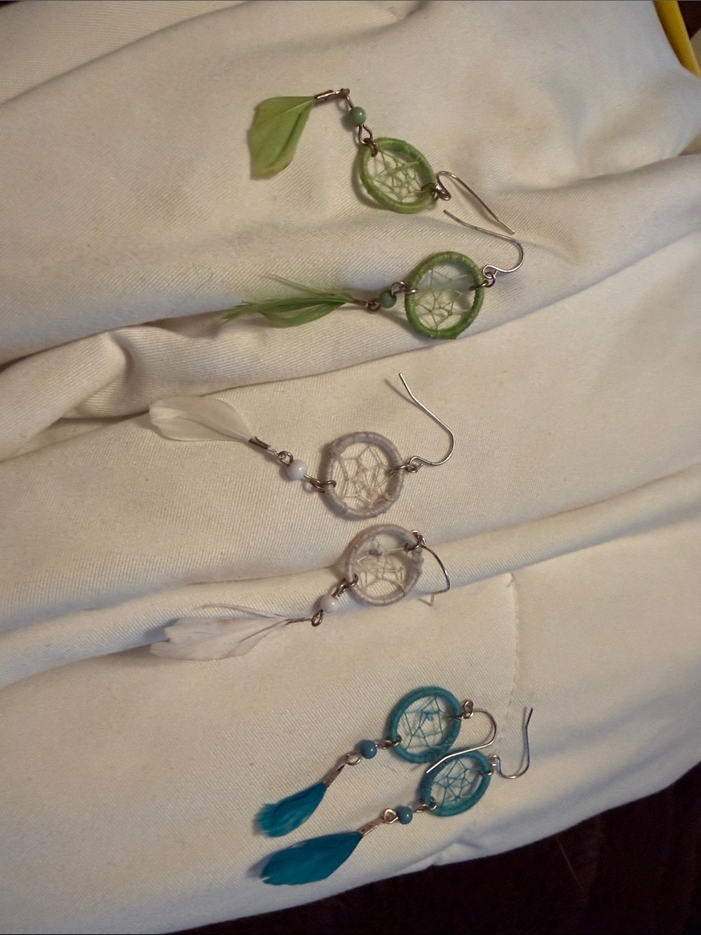 Dream catcher dangle earrings 3 pairs lime,white and blue